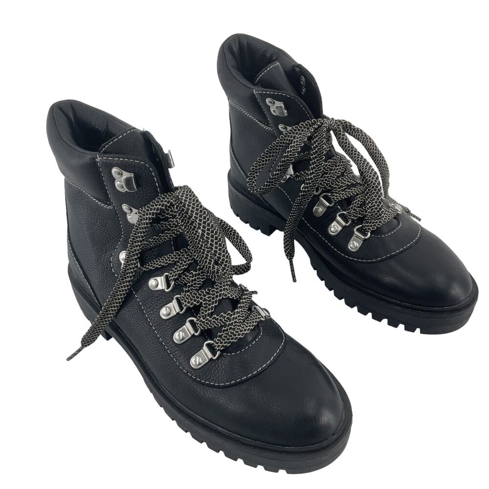 J. Crew Factory Black Leather Lace-Up Hiking Ankle Boots